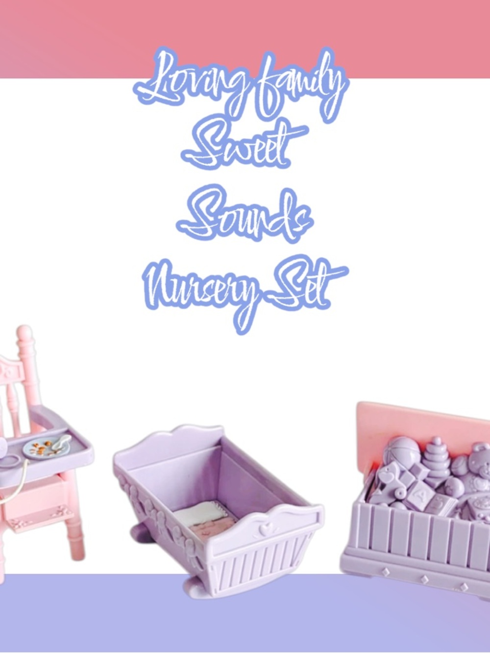 VTG Fisher Price Loving Family Nursery Purple Pink Toy Box High Chair Cradle